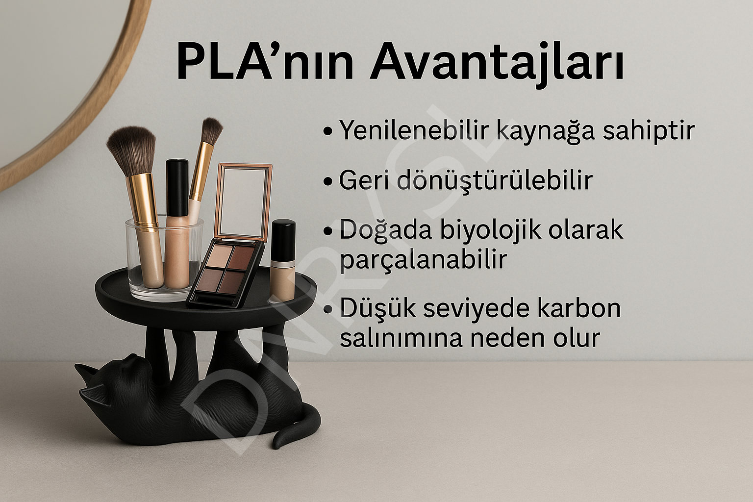 Kedi Formlu Dekoratif Takı Standı ve Makyaj Düzenleyici, PLA Malzeme, Minimal Organizer, Siyah