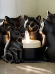 Dekoratif Kedi Figürlü Tealight Mumluk, Kedi Ailesi Biblo, Tasarım Hediye (Elektronik Mum Hediye)