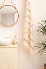 Doğal Pamuk Çizgili, Püsküllü Banyo Beden Havlusu, Peştemal (100x180 cm)