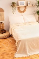 Saf Beyaz Bohem 4 Kat Müslin %100 Pamuk Çift Kişillik Yatak Örtüsü, Pike 240x260 cm.