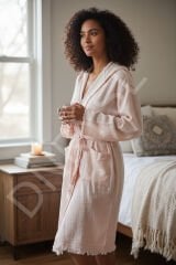 Bohem Kapüşonlu 4 Kat Müslin Organik Unisex Bornoz, Pudra Pembe