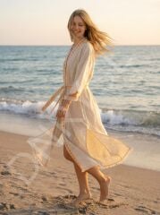 El Emeği Süzene Nakışlı Plaj Kaftanı, %60 Keten %40 Pamuk, Nefes Alan ve Hızlı Kuruyan Kumaş