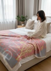 4 Kat Müslin Yatak Örtüsü, Pike 220x240 cm %100 Pamuk Jakarlı, Desenli Mercan Serisi