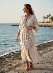 El Emeği Süzene Nakışlı Plaj Kaftanı, %60 Keten %40 Pamuk, Nefes Alan ve Hızlı Kuruyan Kumaş